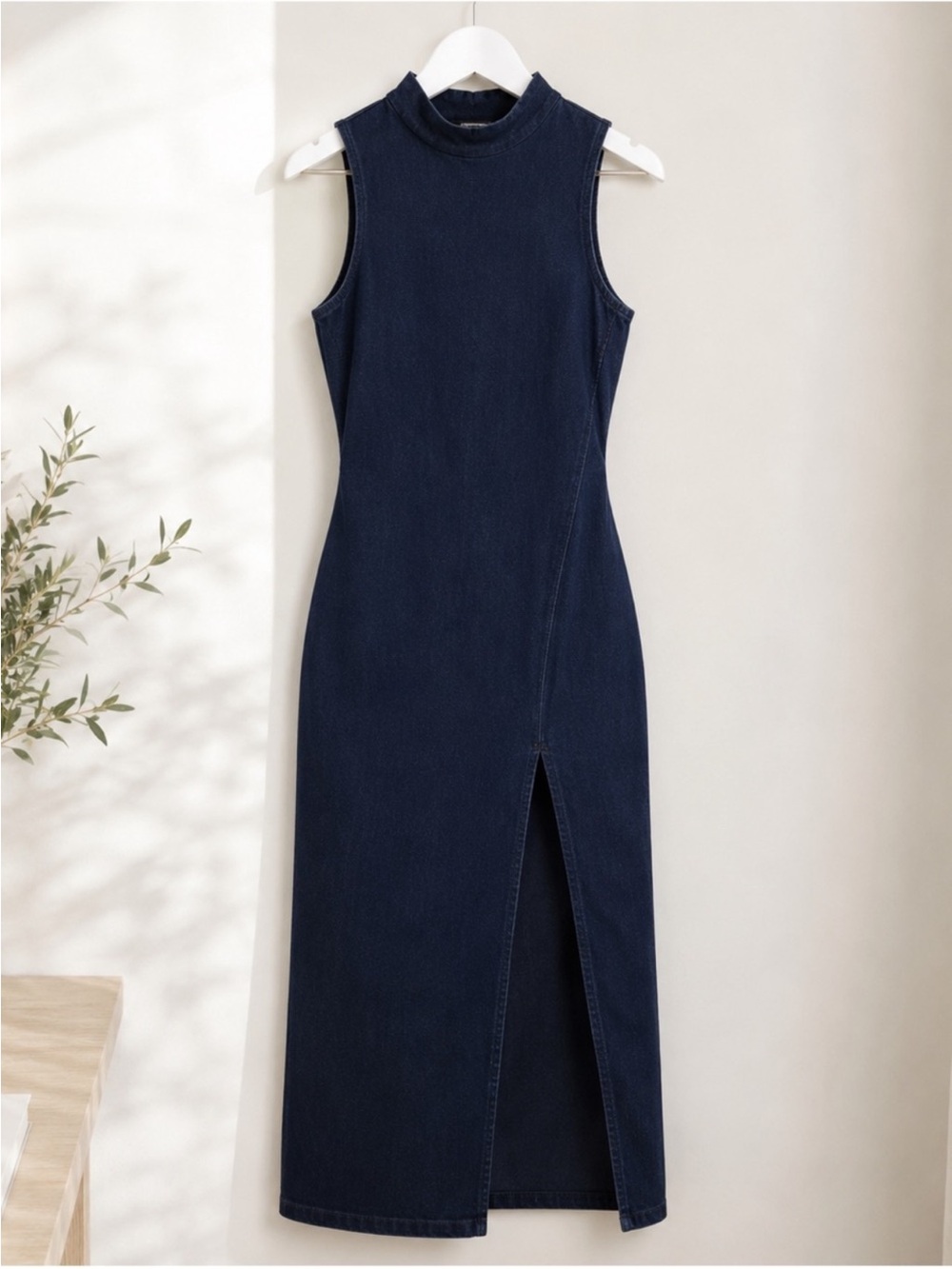 Zara Washed Charcoal Black Denim Midi Dress Front Slit NWT M